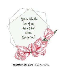 Greeting card with Spring flower bouquet of tulips in red and green colors on white background Vintage style Realistic botanical sketch pattern. Women, mother days design, 8 march Short Love Quotes