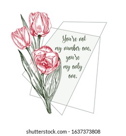 Greeting card with Spring flower bouquet of tulips in red and green colors on white background Vintage style Realistic botanical sketch pattern. Women, mother days design, 8 march Short Love Quotes