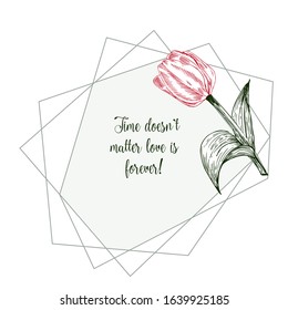 Greeting card with Spring flower bouquet of tulips in red and green colors on white background Vintage style Realistic botanical sketch pattern. Women, mother days design, 8 march Short Love Quotes