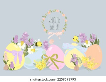 Greeting Card with Spring Flowers and Easter Eggs