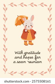 Greeting card with spring forest character and botanical elements - rabbit, bunny in coat, wellies with umbrella. Banner with flowers, leaves and animal. Vector poster. 
