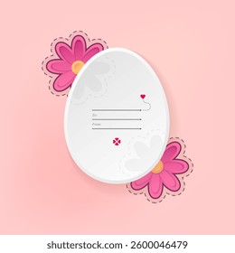 Greeting card with spring holiday Easter. White egg and flowers on pink background. Also suitable for Valentine's Day. Vector illustration.