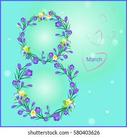 Greeting card for the spring holiday with the number 8 from flowers and lettering on a blue background. Vector illustration with crocuses and pansies.International women s day.