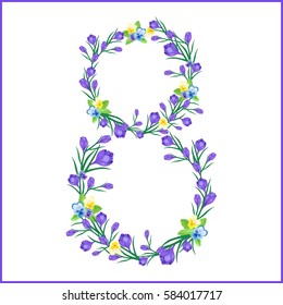 Greeting card for the spring holiday with the number 8 from flowers on a white background. Vector illustration with crocuses and pansies.International Women's Day.