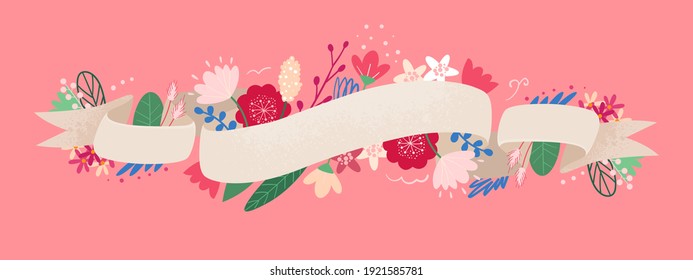 Grußkartenfeder oder Sommervorlage mit Leseband für Text. Flachbanner mit Blumen, Blätter zum Angebot, Grüße. Einziger Vintage-Band, grafische Elemente für Design-Nachricht, Slogan.Vektorgrafik
