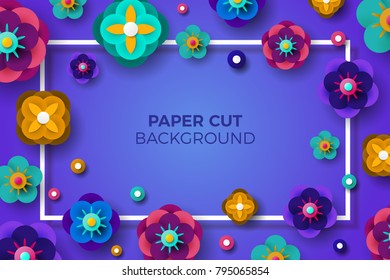 Greeting Card with Square Frame, Paper cut Origami Sakura Flowers and circle on Light Background. abstract Vector illustration.