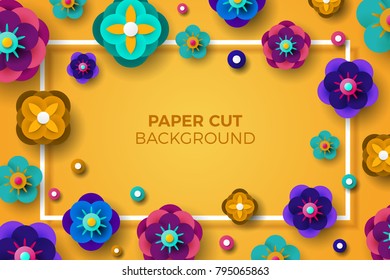 Greeting Card with Square Frame, Paper cut Origami Sakura Flowers and circle on Light Background. abstract Vector illustration.