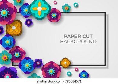 Greeting Card with Square Frame, Paper cut Origami Sakura Flowers and Circle on Light Background. Vector illustration.