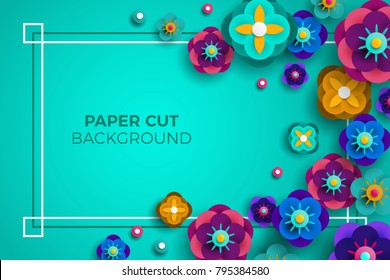 Greeting Card with Square Frame, Paper cut Origami Sakura Flowers and Circle on Light Background. Vector illustration.