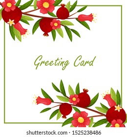 Greeting card with square frame and pomegranates. Vector illustration.