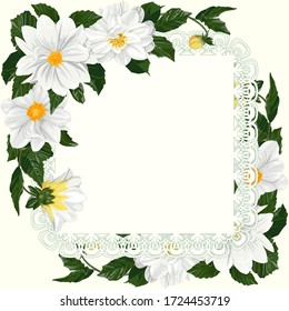 Greeting card with a square frame and white dahlia flowers.