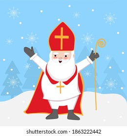 Greeting card for St. Nicholas day with Saint Nicholas cute cartoon character on winter background with Christmas trees, snowflakes and snow. Place for your text. Vector illustration.