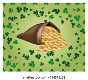 Greeting Card St. Patrick with sparkling gold coins and green clover leaves and a leather bag of money