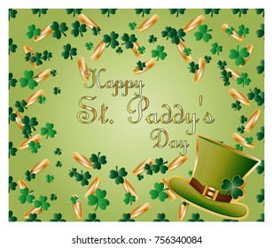 Greeting card of St. Patrick with sparkling green leaves of clover, gold coins, green hat and inscription - Happy St. Paddys Day