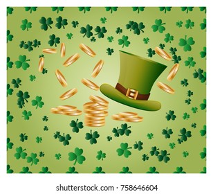 Greeting card of St. Patrick with sparkling green leaves of clover, gold coins, green hat