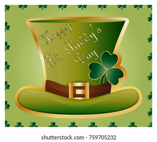 Greeting card of St. Patrick with sparkling green hat and leaves of a clover and an inscription - Happy St. Paddys Day