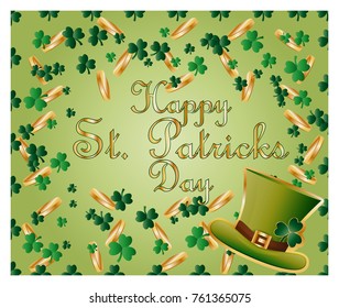 Greeting card of St. Patrick with sparkling green leaves of clover, gold coins, green hat and inscription - Happy St. Patrick's Day