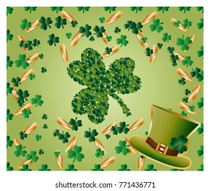 Greeting card of St. Patrick with sparkling green leaves of clover, gold coins, green hat and with green clover leaf consisting of circles