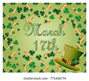 Greeting card of St. Patrick with sparkling green leaves of clover, gold coins, green hat and inscription - 17th March