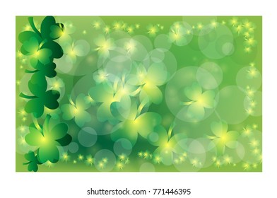 Greeting card of St. Patrick with sparkling green leaves of the clover and place for the text.