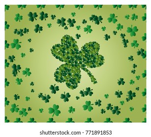 Greeting card of St. Patrick with sparkling green leaves of clover, and with green clover leaf consisting of circles