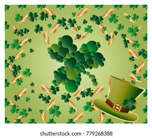 Greeting card of St. Patrick with sparkling green leaves of clover, gold coins, green hat and with green clover leaf consisting of circles