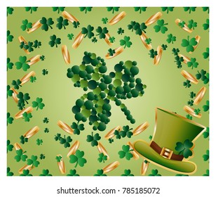 Greeting card of St. Patrick with sparkling green leaves of clover, gold coins, green hat and with green clover leaf consisting of circles