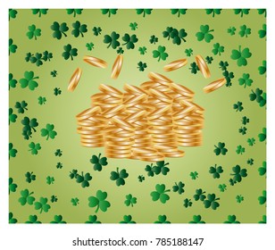 Greeting card of St. Patrick with sparkling green leaves of clover, and with piles of gold coins, wealth