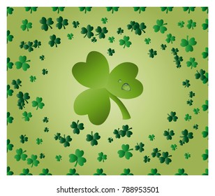 Greeting card of St. Patrick with sparkling green leaves of clover, and with green clover leaf consisting of circles