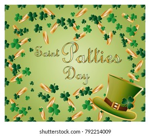 Greeting card of St. Patrick with sparkling green leaves of clover, gold coins, green hat and inscription -Saint Patties Day