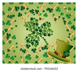 Greeting card of St. Patrick with sparkling green leaves of clover, gold coins, green hat and with green clover leaf consisting of circles
