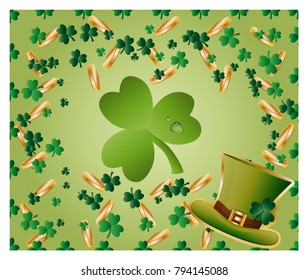 Greeting card of St. Patrick with sparkling green leaves of clover, gold coins, green hat and with green clover leaf consisting of circles