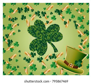 Greeting card of St. Patrick with sparkling green leaves of clover, gold coins, green hat and with green clover leaf consisting of circles