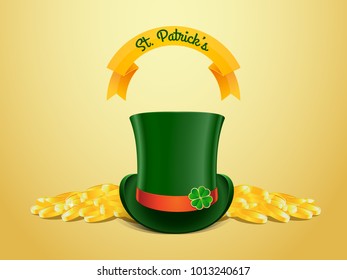 Greeting card for St. Patrick's day with shiny coins and a green cylinder.