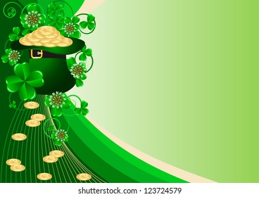 Greeting Card St. Patrick's Day with clover and golden coins