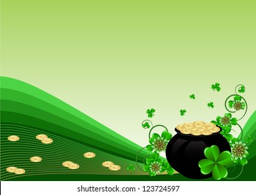 Greeting Card St. Patrick's Day with clover and golden coins