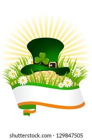 Greeting Card St. Patrick's Day with clover and golden coins