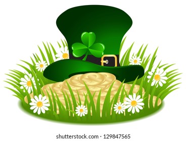 Greeting Card St. Patrick's Day with clover and golden coins
