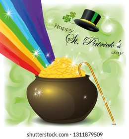 Greeting card for St. Patrick's Day. A pot full of gold. The Magic Rainbow. Hat, banker's cane. A sprig of clover. Vector