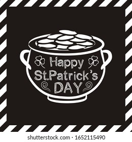 Grußkarte für den St. Patrick's Day im Kreidestil. Weiße Umrandung auf einer schwarzen Tafel. Töpfe aus Gold und kreide Buchstaben. Doodle-Stil. Vektorillustration