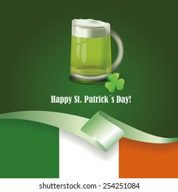 Greeting card with St. Patrick's Day with a glass of beer, shamrock, ribbon and flag of Ireland.