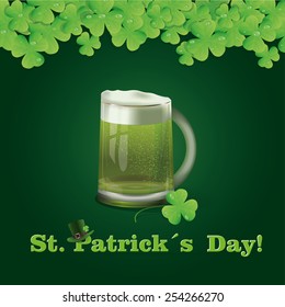 Greeting card with St. Patrick's Day with a glass of beer and a background of shamrocks.