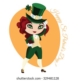 Greeting card for St. Patrick's Day with Leprechaun Girl