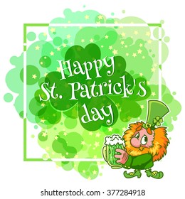 Greeting card for St. Patrick's day with a funny leprechaun, fireworks and frame. Vector template postcard in green tones.