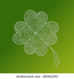 Greeting card for St. Patrick's Day with shamrock on the green background. Hand draw doodle clover with four leaves. Vector illustration.