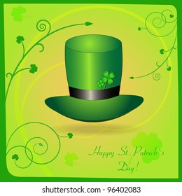 Greeting card to St. Patrick`s day with shamrock. hat and text