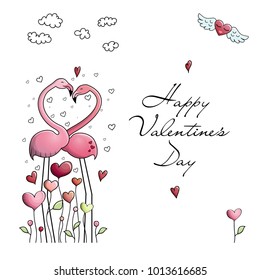 Greeting card for St. Valentine's day with two pink flamingo in love. The card contains also many different hearts and flowers made of hearts on the white background. Vector Illustration