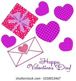 Greeting card with St. Valentine's Day. Hearts with print in a box. Abstract vector background.