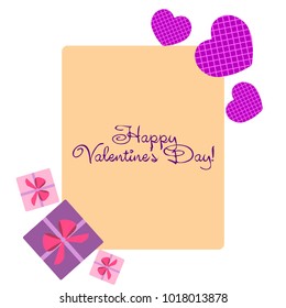 Greeting card with St. Valentine's Day. Hearts with print in a box. Abstract vector background.