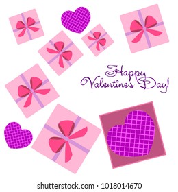 Greeting card with St. Valentine's Day. Hearts with print in a box. Abstract vector background.